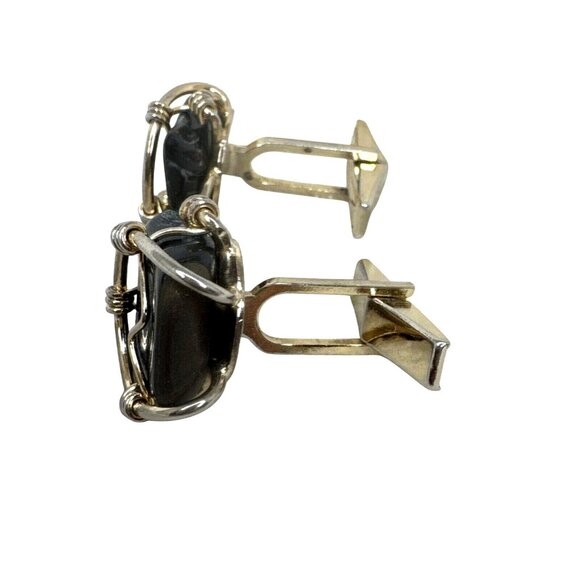 Handmade Wire-Wrapped Black Stone Cufflinks W/Gold-Plated Hardware - Picture 2 of 4